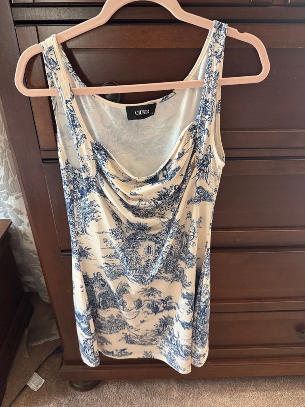 Cider Cream and Blue Toile Cowl Tank Top